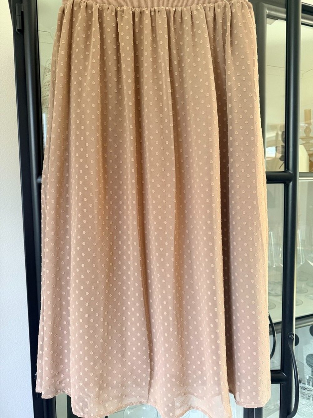 Adrianna Papell Tan Swiss Dot Elastic Waist Chiffon Midi Skirt Size Medium